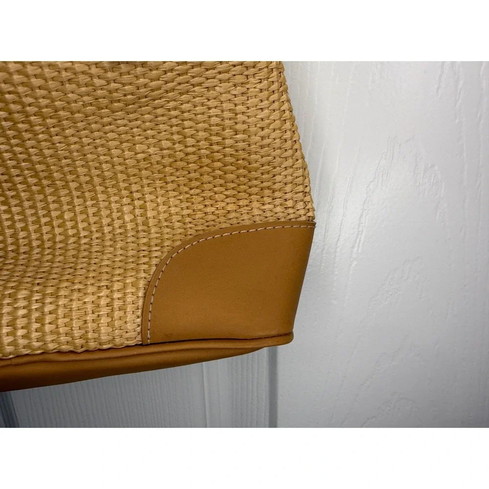 Nine West Straw Woven Tote Handbag Crossbody Bag Tan Leather‎ Trim